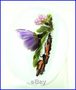 TRABUCCO Butterfly & Purple Flowers Art Glass 1998 Paperweight, Apr 2.75Hx3.25W