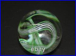 TUNDRA GLASS STUDIO Green and White Ribbon Art Glass Paperweight (1985) VINTAGE