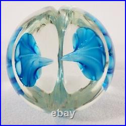 Unique Art Glass Paperweight withTwo Lobes Each Containing a Blue Flower Shape