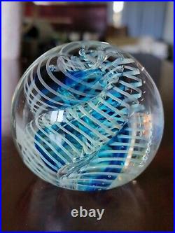 VINTAGE ROLLIN KARG ART GLASS PAPERWEIGHT Blue SWIRL WITH BUBBLE SIGNED Rare