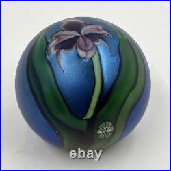 VTG 1983 Orient & Flume Art Glass Paperweight Pansy Iris Iridescent Signed