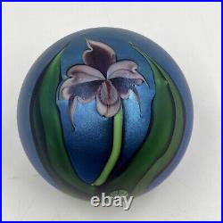 VTG 1983 Orient & Flume Art Glass Paperweight Pansy Iris Iridescent Signed