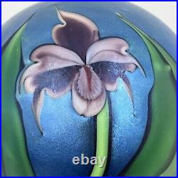 VTG 1983 Orient & Flume Art Glass Paperweight Pansy Iris Iridescent Signed