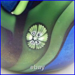 VTG 1983 Orient & Flume Art Glass Paperweight Pansy Iris Iridescent Signed