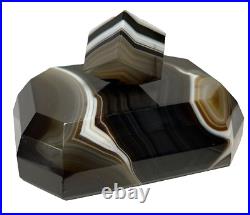 VTG Banded Agate Swirl Paperweight/Desk Sculpture -Facet Cut Dark Light Contrast