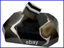 VTG Banded Agate Swirl Paperweight/Desk Sculpture -Facet Cut Dark Light Contrast