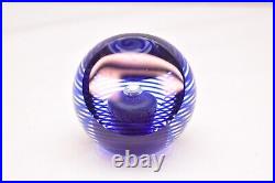 VTG Blue Steven Correia Art Glass Paperweight Signed Dichroic Stiped