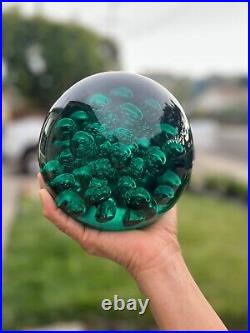 Vintage 1970s Murano Style Glass Green Orb Bubble Paperweight Decorative Accent