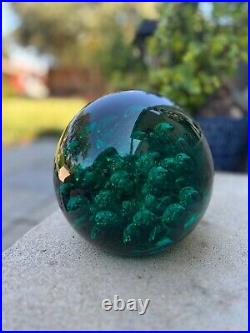 Vintage 1970s Murano Style Glass Green Orb Bubble Paperweight Decorative Accent
