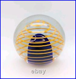 Vintage Beranek Czech Art Glass Large 4.5 Paperweight Blue Orange Swirl Etched