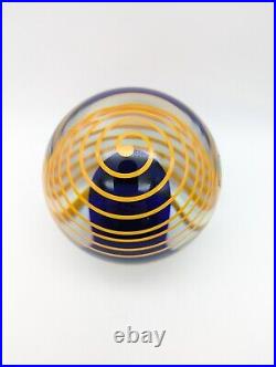 Vintage Beranek Czech Art Glass Large 4.5 Paperweight Blue Orange Swirl Etched