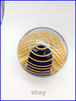 Vintage Beranek Czech Art Glass Large 4.5 Paperweight Blue Orange Swirl Etched