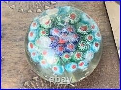 Vintage Blown Glass Blue Millefiori Paperweight with Multicolor Millefiori Flower