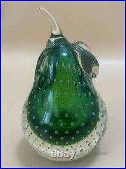 Vintage Green Sommerso Murano Art Glass Pear Paperweight-Controlled Air Bubbles