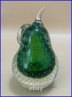 Vintage Green Sommerso Murano Art Glass Pear Paperweight-Controlled Air Bubbles