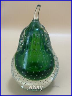 Vintage Green Sommerso Murano Art Glass Pear Paperweight-Controlled Air Bubbles