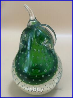 Vintage Green Sommerso Murano Art Glass Pear Paperweight-Controlled Air Bubbles