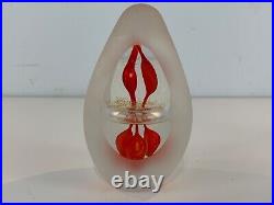 Vintage Hand Blown Art Glass Paperweight with Frosted Swirl & Red Abstract Dec