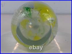 Vintage Hand Blown Art Glass Paperweight with Yellow Swirl Decorations