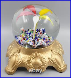Vintage Hand Blown Glass Art Paperweight Floral Flower Globe Sphere Metal Stand