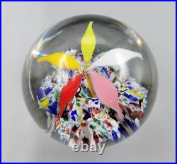 Vintage Hand Blown Glass Art Paperweight Floral Flower Globe Sphere Metal Stand