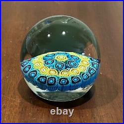 Vintage Hand Blown Italian Art Glass Millefiori Paperweight By KB Blue Yellow