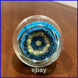 Vintage Hand Blown Italian Art Glass Millefiori Paperweight By KB Blue Yellow