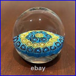 Vintage Hand Blown Italian Art Glass Millefiori Paperweight By KB Blue Yellow