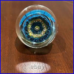 Vintage Hand Blown Italian Art Glass Millefiori Paperweight By KB Blue Yellow