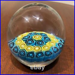 Vintage Hand Blown Italian Art Glass Millefiori Paperweight By KB Blue Yellow