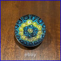 Vintage Hand Blown Italian Art Glass Millefiori Paperweight By KB Blue Yellow