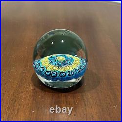 Vintage Hand Blown Italian Art Glass Millefiori Paperweight By KB Blue Yellow