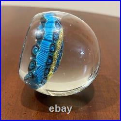 Vintage Hand Blown Italian Art Glass Millefiori Paperweight By KB Blue Yellow