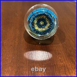 Vintage Hand Blown Italian Art Glass Millefiori Paperweight By KB Blue Yellow