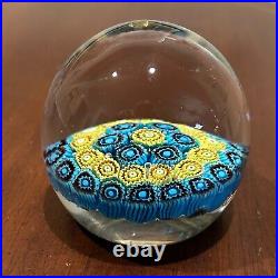 Vintage Hand Blown Italian Art Glass Millefiori Paperweight By KB Blue Yellow