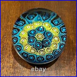 Vintage Hand Blown Italian Art Glass Millefiori Paperweight By KB Blue Yellow