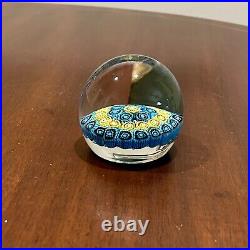 Vintage Hand Blown Italian Art Glass Millefiori Paperweight By KB Blue Yellow