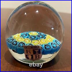 Vintage Hand Blown Italian Art Glass Millefiori Paperweight By KB Blue Yellow