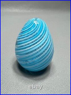 Vintage Italy Murano Art Glass Egg Paperweight Blue & White Spiral Swirl withLabel
