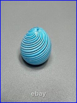 Vintage Italy Murano Art Glass Egg Paperweight Blue & White Spiral Swirl withLabel