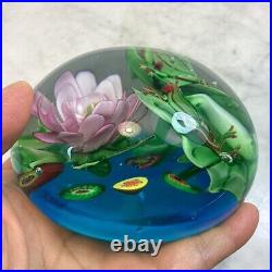 Vintage Large Art Glass Frogs Lilypad Flower Paperweight Unusual