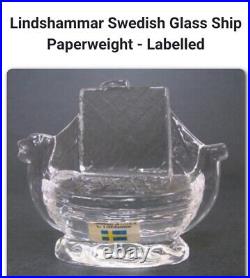 Vintage Lindshammar Viking Ship Paperweight Scandinavian Swedish Art Glass