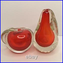 Vintage MCM Paperweight/ bookend Art Glass Orange and Clear glass, pear & apple