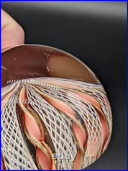 Vintage Murano Art Glass Paperweight Latticino Pink Twisted Ribbons Gold