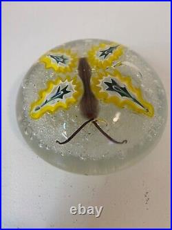 Vintage Murano Art Glass Paperweight Millefiori Butterfly On Bubbles
