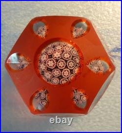Vintage Murano Art Glass Red Satin Overlay Fancy Faceted Millefiori Paperweight