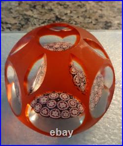 Vintage Murano Art Glass Red Satin Overlay Fancy Faceted Millefiori Paperweight