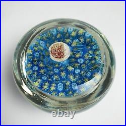 Vintage Murano Millefiori Art Glass Vintage Paperweight Blue Foil Label 3-3/8