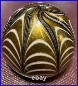 Vintage Murano art glass gold foil, white, black pulled feather paperweight EUC