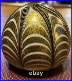 Vintage Murano art glass gold foil, white, black pulled feather paperweight EUC